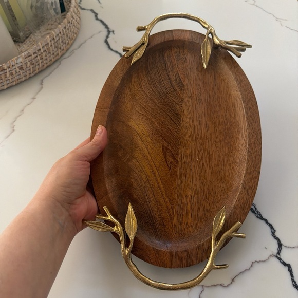 Wooden Oval Serving Tray with Gold Handles - Picture 5 of 7